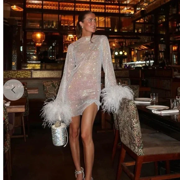 Santa Designer sparkling rhinestone dress with Feather Cuffs Exquisite statement - Picture 5 of 9